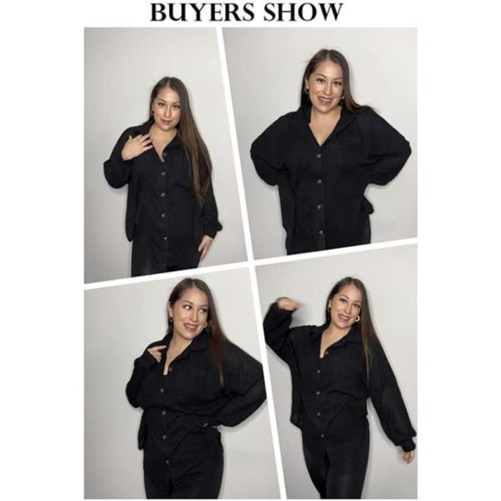 Womens Waffle Knit Shacket Jacket Long Sleeve Button Down Shirts - Picture 5 of 5